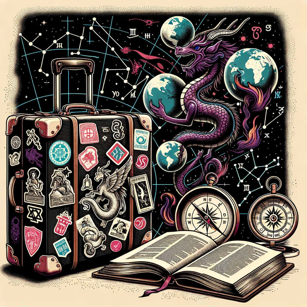 An illustration representing the 9th House in astrology associated with travel showcasing a stylized suitcase adorned with stickers